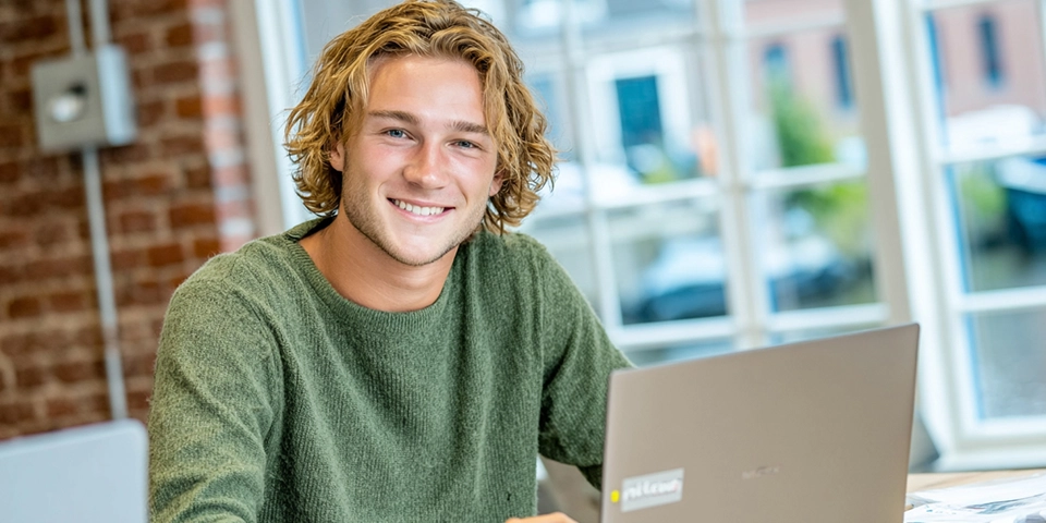 Een persoon achter zijn laptop.
