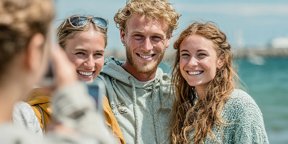 drie personen kijken lachend naar de camera